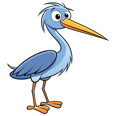 Cartoon heron with long beak and thin legs stands curiously, its eyes wide