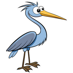 Playful blue heron cartoon character stands upright, featuring big eyes and yellow beak for children's media
