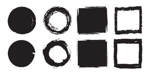 Black ink brush strokes. Grunge circles and rectangle brush set. Grungy brushes collection. Paint ink stroke over square frames. Vector illustration.