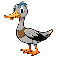 Cartoon duck stands with its orange feet and shows blue feathers on head