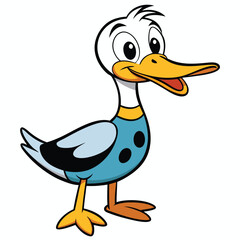 Joyful duck cartoon waddles forward, wearing blue shirt and expressing happiness with openness
