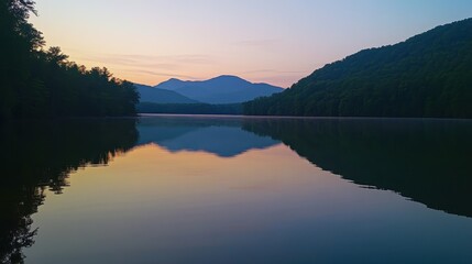 Fototapeta premium Calm lake with mountain reflection at sunrise, peaceful,