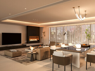 Elegant Living room: Warm Glow light - 3D Render