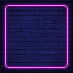 Square pink neon frame on brick background mockup for social media