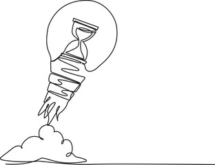 continuous single line drawing hourglass launching with light bulb. The best time for a startup. Business deadline. Metaphor of space exploration. Vector Illustration.