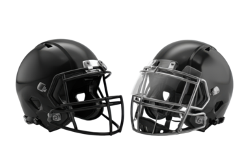 Two sleek football helmets isolated on transparent PNG background