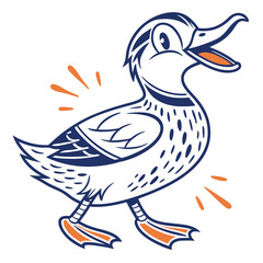 Animated duck with orange and blue lines is walking and joyfully squawking outward