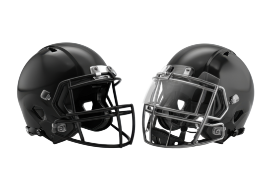 Two sleek football helmets isolated on transparent PNG background