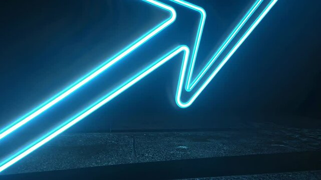Neon arrow light on floor of modern building at night with directional sign. Futuristic digital art concept.