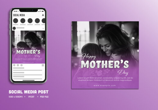 Happy Mother&rsquo;s Day, Editable Social Media Post in Black and Purple Color.