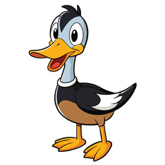 Cartoonish duck with yellow beak stands cheerfully on a white background looking forward