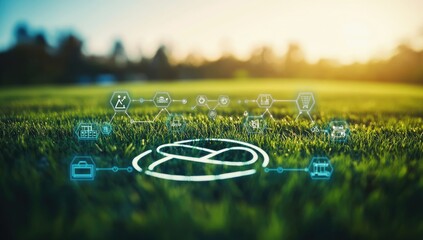 Sustainable interconnected system visualized on a grassy field, depicting various interconnected processes, like food production, health, and resources