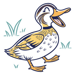 Happy yellow duck is walking happily through the grass with a smile