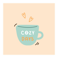 Autumn cozy greeting card with cup of tea