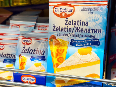Dr. oetker gelatin display with cake and fruit dessert packaging