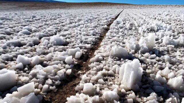 Wide shot captures the endless field of sodium chloride crystals in Atacama Desert, with traces of vehicles visible on the ground.