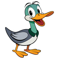 Cheerful cartoon duck stands happily with an open mouth and friendly disposition