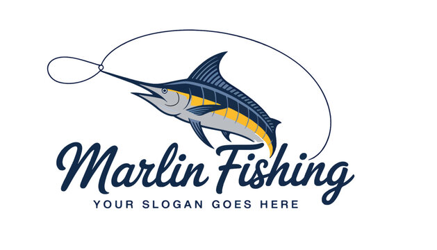 Striped Marlin Fishing Logo Design with Hook and Linesea fish logo