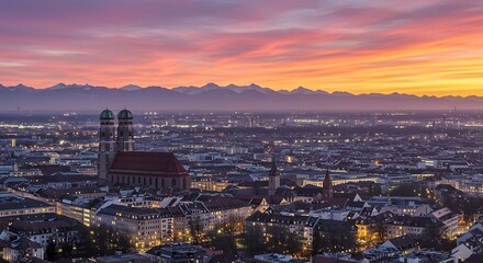 Twilight View of Munich Cityscape with the Alps in the Background"
