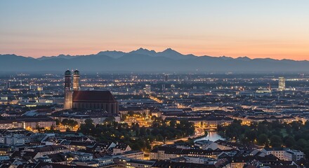 Obraz premium Twilight View of Munich Cityscape with the Alps in the Background