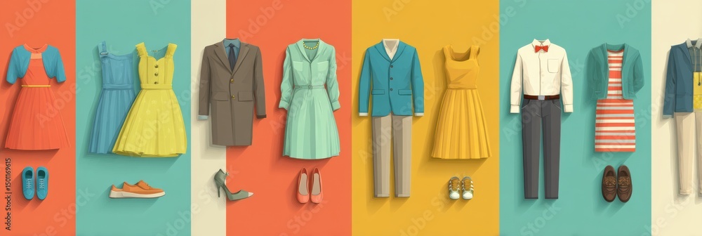Aufkleber colorful outfit sketches in flat illustration showcasing various styles and combinations in a modern