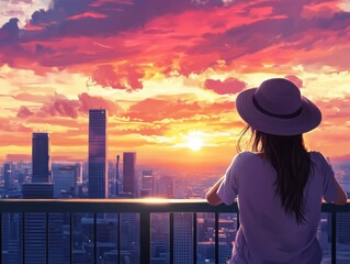 Fototapeta premium Peaceful scene of a girl in a hat standing on a balcony, gazing at a glowing sunset cityscape. Calm and picturesque style, perfect for travel, lifestyle, or inspiration themes.
