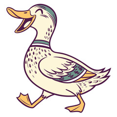 Cheerful mallard duck cartoon character strides forward with a big smile, exuding happiness