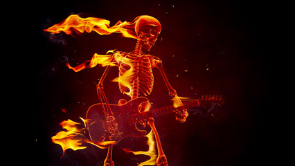 Fire skeleton plays a rock guitar