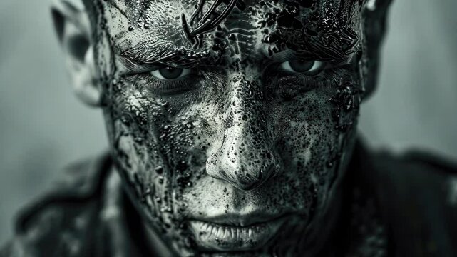Soldier with mud and blood caked on face, showing signs of hardship and struggle.