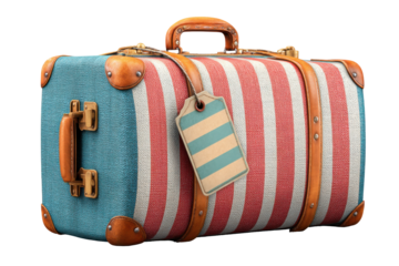 Striped vintage suitcase isolated on transparent PNG background