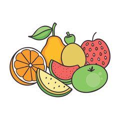 Colorful cartoon fruit assortment including orange, pear, strawberry, watermelon and apple