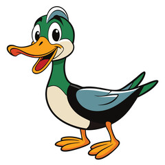 Cheerful cartoon duck with a green head stands smiling with its beak open