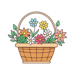 A lovely cartoon drawing of a basket of colorful spring flowers