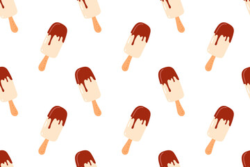 Colorful popsicles with chocolate coating pattern on a white background