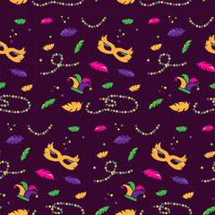 Seamless Mardi Gras pattern on rich purple background with colorful festive masks, beads, feathers, and jester hats, perfect for vibrant celebration designs