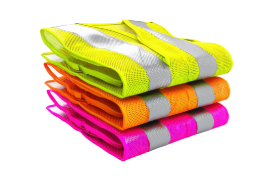 Stacked hi-vis vests isolated on transparent PNG background
