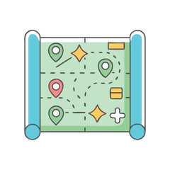 Colorful Map with Markers, Stars, Plus Sign, and a Route on a Scroll