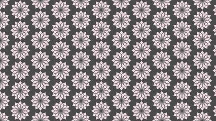 Repeating floral pattern with white flowers on a dark gray background in a geometric design