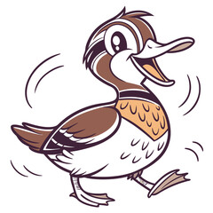 Cartoon duck struts joyfully, showcasing brown and white feathers amid cheerful movement