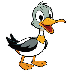 A cartoon duck with big eyes stands smiling against a solid white backdrop