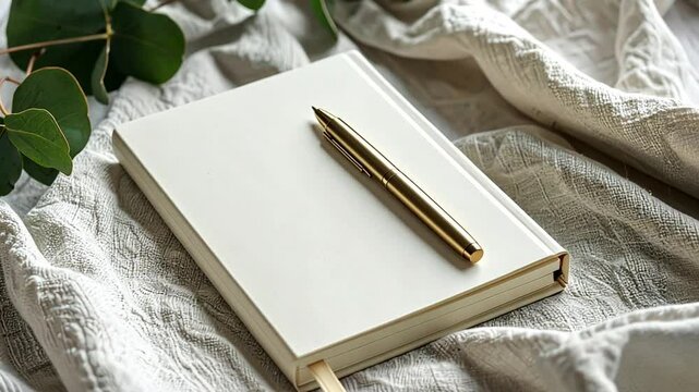 A minimalist notebook with a gold pen resting on a textured fabric background, ideal for journaling