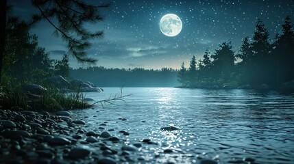 Night river landscape under full moon