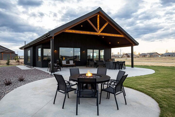 Obraz premium Installing new outdoor lighting creates a lively atmosphere around the house during an evening setup