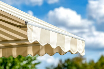 Installing solar shades and awnings in a residential backyard under a clear blue sky