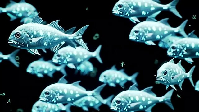 Animated lantern fish swimming dark ocean depths on a black background. Ideal for deep sea, marine life, educational, and underwater-themed motion graphic projects