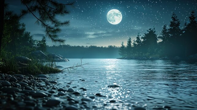 Night river landscape under full moon
