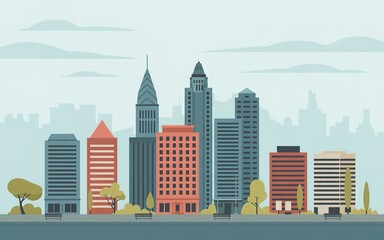 Obraz premium Flat cityscape view showcases modern architecture, green trees and cloudy sky as a peaceful urban scene