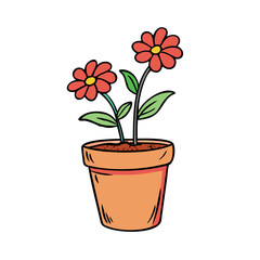 Fototapeta premium Colorful Cartoon Flowers in a Terracotta Pot Blooming with Green Leaves