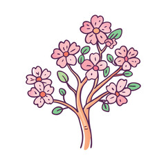 Stylized Cherry Blossom Tree with Pink Flowers and Green Leaves Illustration
