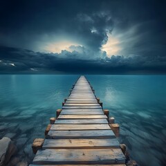 Fototapeta premium Wooden Pier Extending to Dramatic Ocean Storm Sky